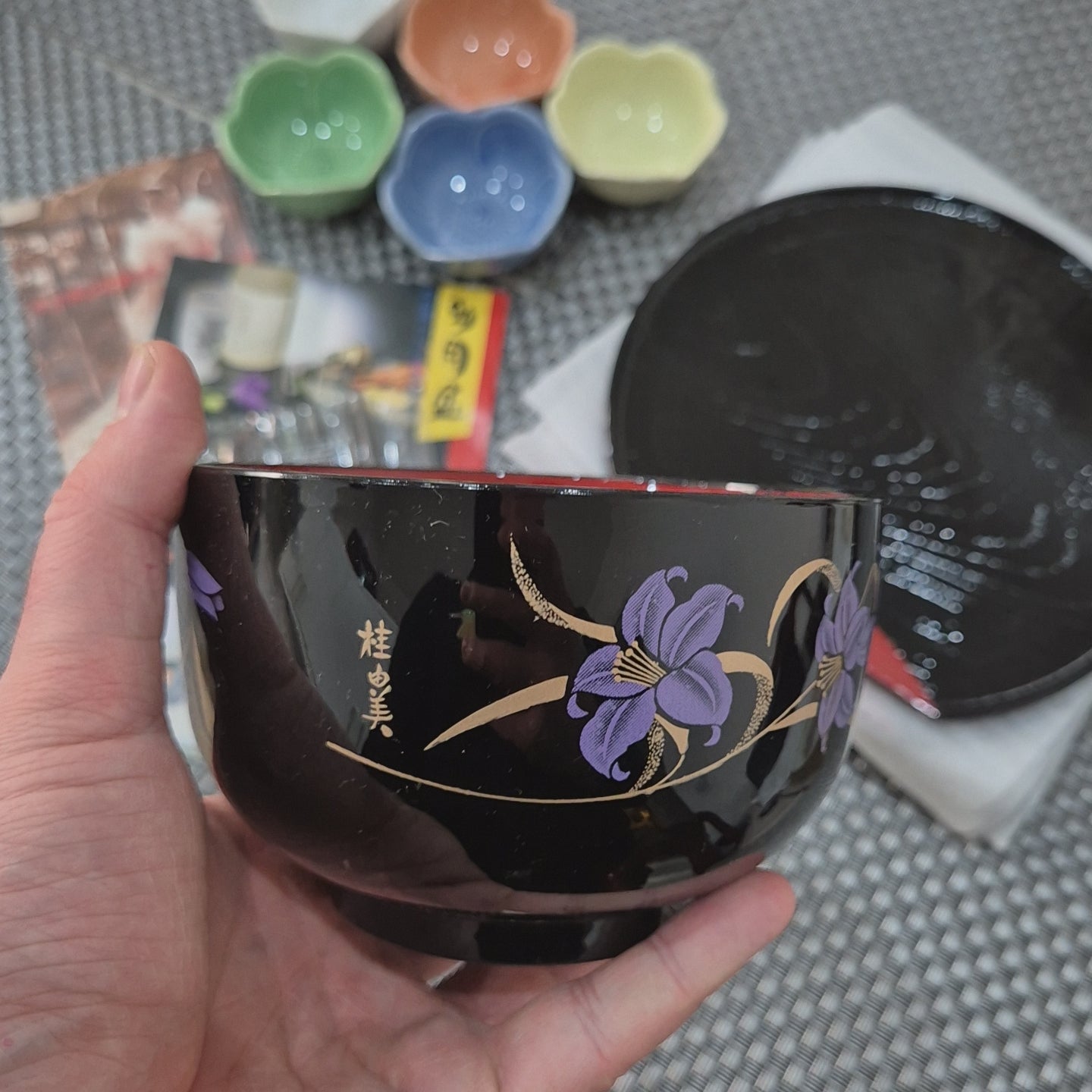 Yumi Katsura Lacquerware Bowl Set of 5 with Chopsticks & Rest Unused